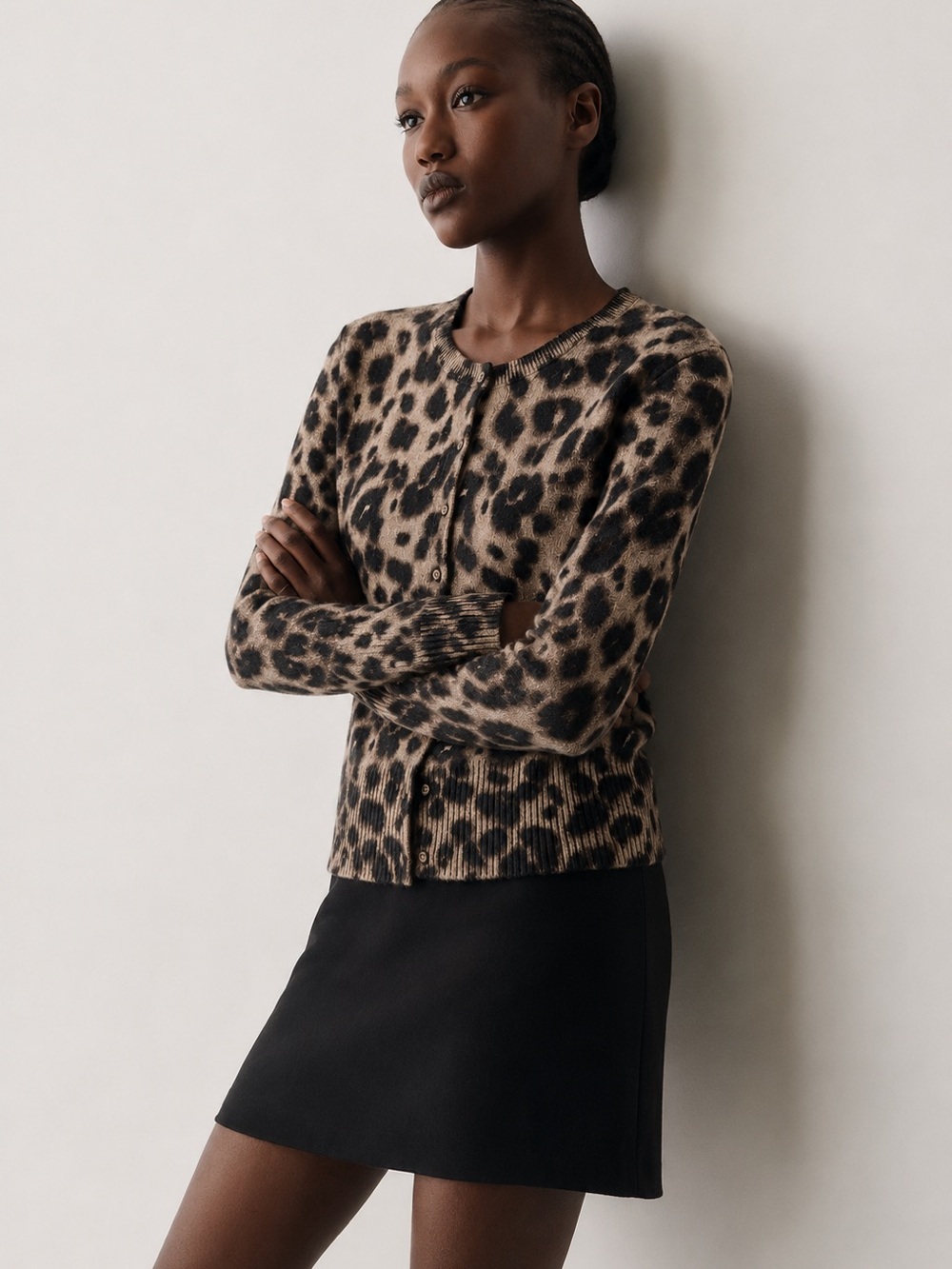 Apt. 9 100% Cashmere Leopard Print Crewneck Button Cardigan - Brown/Black